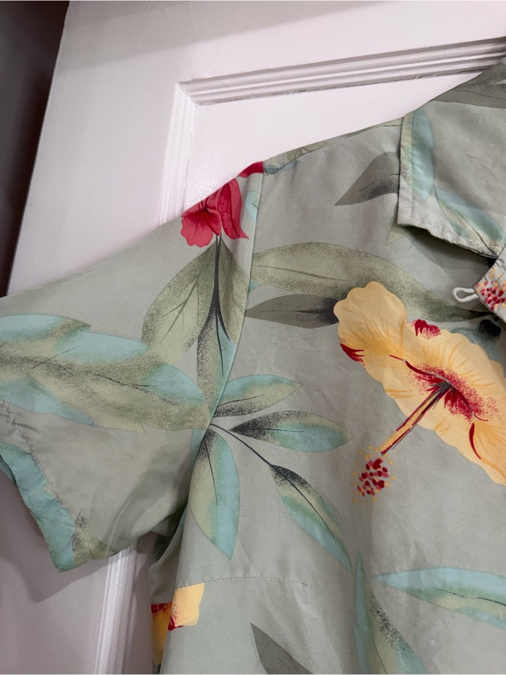 Linden Light Sage 100% Silk Shirt with Red & Yellow Floral Accents - Picture 4 of 7